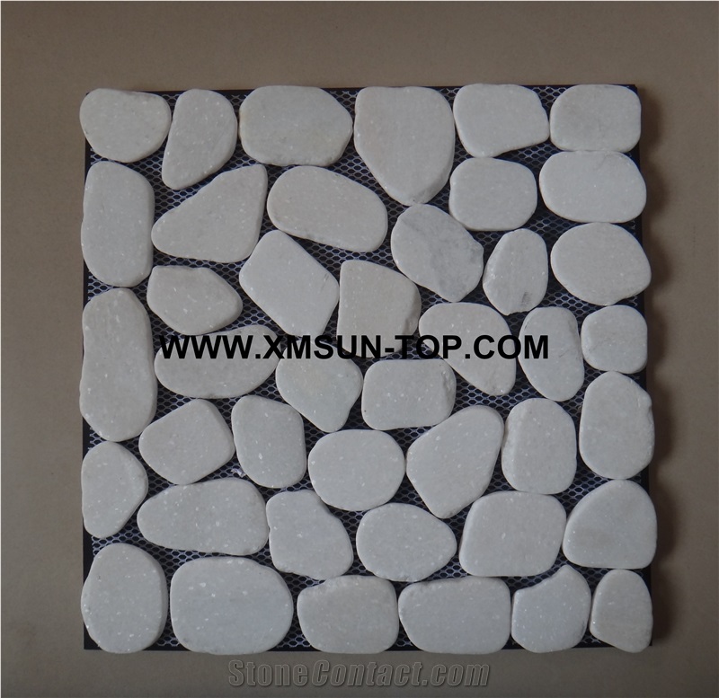 Snow White Sliced Pebble Mosaic Tile/Natural River Stone Mosaic/Double Surface Cut Pebble on Mesh/Pebble Stone Wall Mosaic/Pebble Stone Floor Mosaic
