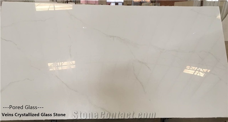 White Crystallized Glass Polished Slab / Marmoglass / Veins Surface