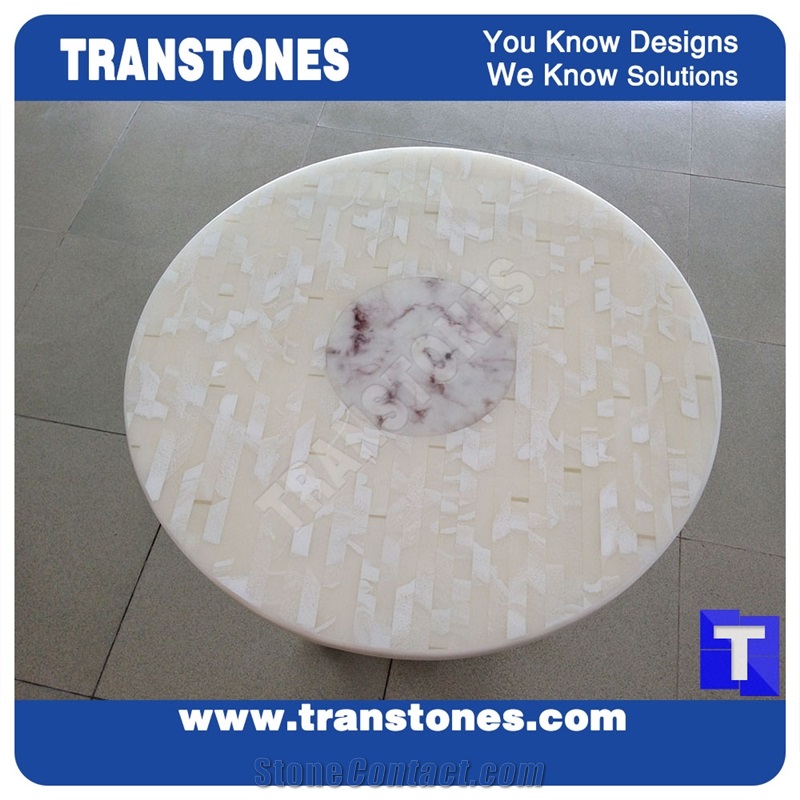 Seashell White Semiprecious Artificial Marble Stone Living Room Round Table Tops,Engineered Stone Solid Surface Table Sets, Home Furniture