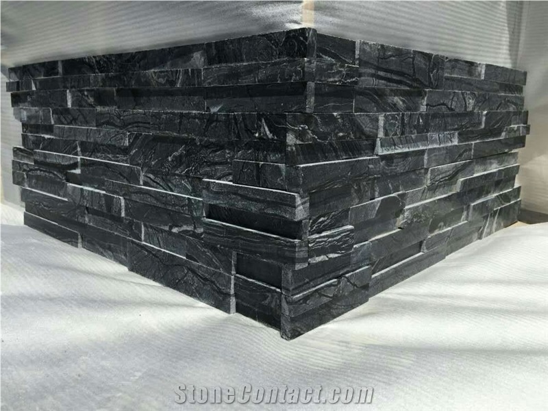 Glacial Black Ledger Stone Panel, Ancient Wood Marble Stacked Stone Veneer, Black Serpentine Wall Cladding, Wooden Split Face Culture Stone