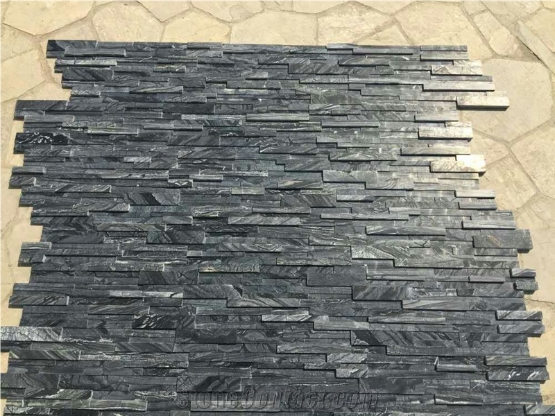 Glacial Black Ledger Stone Panel, Ancient Wood Marble Stacked Stone Veneer, Black Serpentine Wall Cladding, Wooden Split Face Culture Stone