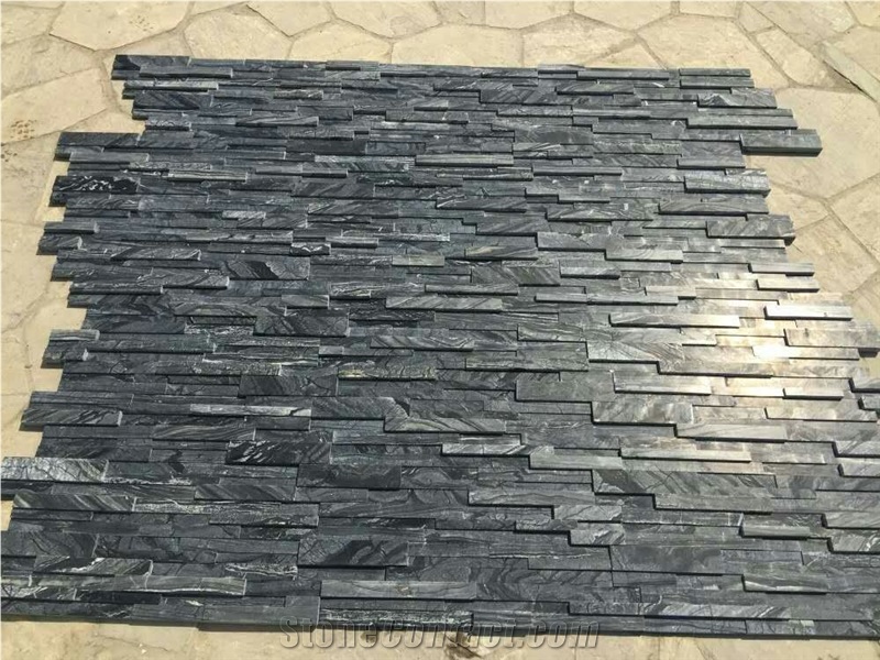 Glacial Black Ledger Stone Panel, Ancient Wood Marble Stacked Stone Veneer, Black Serpentine Wall Cladding, Wooden Split Face Culture Stone
