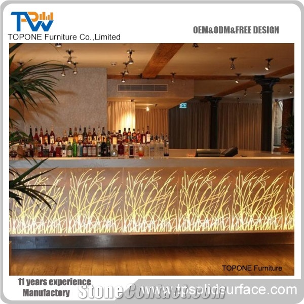 2017 China Factory Oem Artificial Marble Stone Led Lighted Illuminated Bar Counter Tops, Interior Stone Acrylic Solid Surface Led Bar Counter Tops