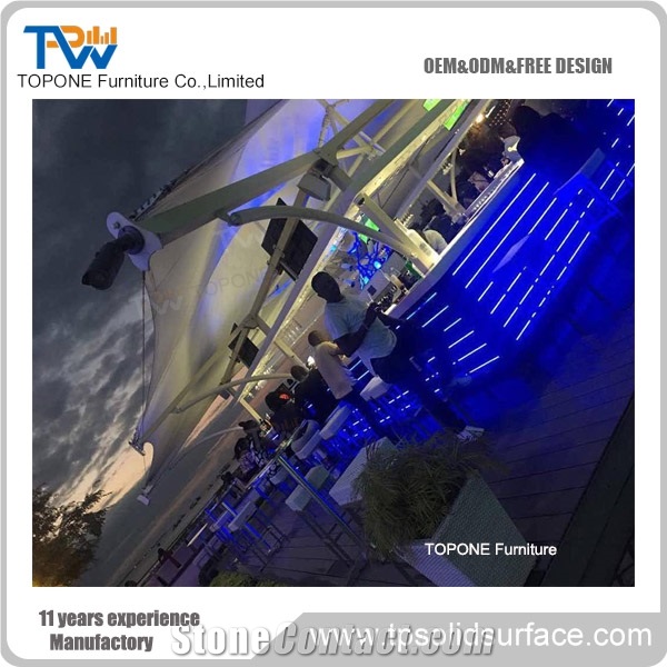 Led Lighted Blue Color Artificial Marble Stone Bar Counter Tops Design, Interior Stone Acrylic Solid Surface Led Lighted Blue Bar Table Tops Design