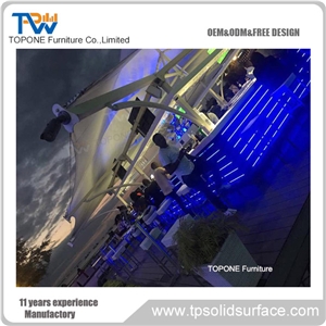 Led Lighted Blue Color Artificial Marble Stone Bar Counter Tops Design, Interior Stone Acrylic Solid Surface Led Lighted Blue Bar Table Tops Design