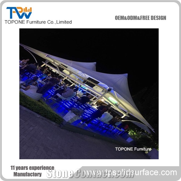 Led Lighted Blue Color Artificial Marble Stone Bar Counter Tops Design, Interior Stone Acrylic Solid Surface Led Lighted Blue Bar Table Tops Design