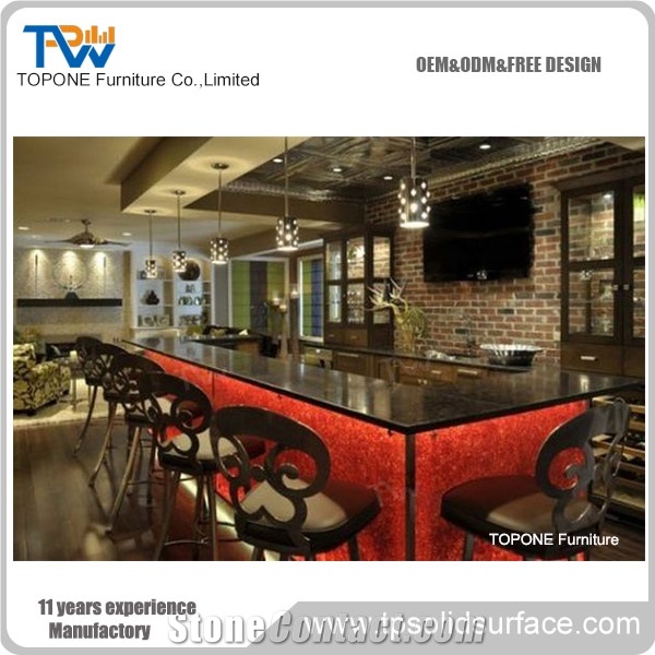 Led Lighted Blue Color Artificial Marble Stone Bar Counter Tops Design, Interior Stone Acrylic Solid Surface Led Lighted Blue Bar Table Tops Design
