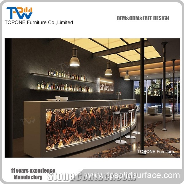 Led Lighted Blue Color Artificial Marble Stone Bar Counter Tops Design, Interior Stone Acrylic Solid Surface Led Lighted Blue Bar Table Tops Design