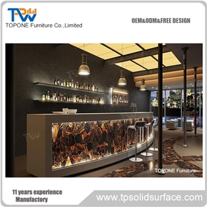 Led Lighted Blue Color Artificial Marble Stone Bar Counter Tops Design, Interior Stone Acrylic Solid Surface Led Lighted Blue Bar Table Tops Design