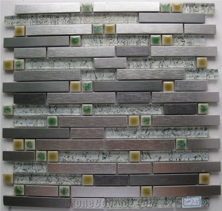 Foil Crystal Glass Mix Stainless Steel Metal Glazed Ceramic Mosaic Tile Strip Mosaic