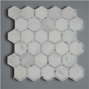 Bianco Carrara White Marble with Oriental White 2 Inch Hexagon Mosaic Tiles