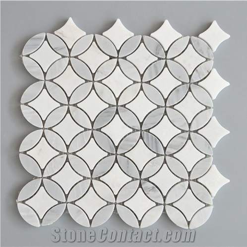 Italy Bianco Carrara White and Thassos White Football Shaped Marble Mosaic Pattern Tile