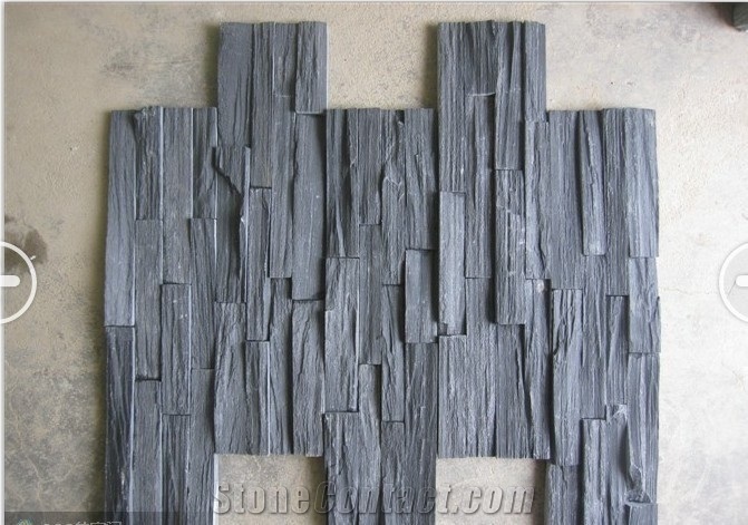 Black Slate Nero Culture Stone Wall Cladding Panel Fireplace Surround Covering, Antique Style Interior Stacked Stone Veneer Stone Walling Gofar