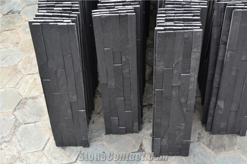 Black Slate Nero Culture Stone Wall Cladding Panel Fireplace Surround Covering, Antique Style Interior Stacked Stone Veneer Stone Walling Gofar
