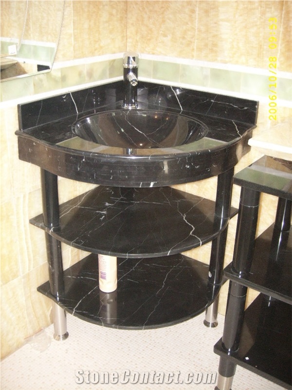 China Nero Marquina Marble Bath Top High Polished, Oriental Black Emperador Marble Bathroom Counters,Pedestal Vanity Top-Gofar