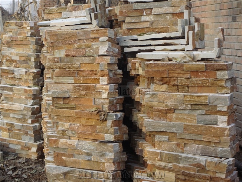 China Rusty Brown Slate Culture Stone Stacked Stone Wall Cladding Panel,Split Face Veneer Stone Ledge Stone Feature Wall Gofar