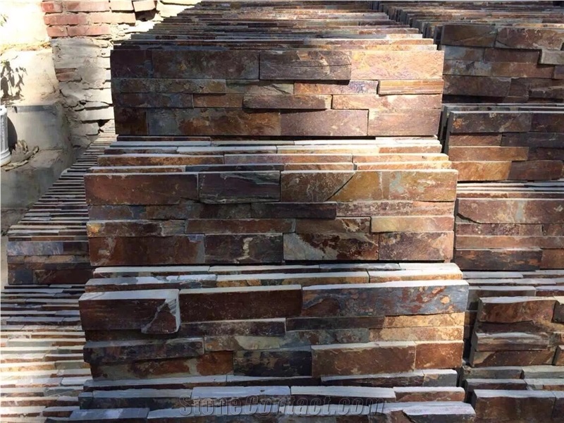 China Rusty Brown Slate Culture Stone Stacked Stone Wall Cladding Panel,Split Face Veneer Stone Ledge Stone Feature Wall Gofar
