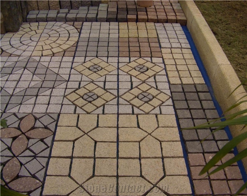 Cobble G682 Mix G654 Brick Road Pavers on Mesh,Padang Giallo Rust Granite Cube Stone Brick Pavers Golden Garnet Paving Sets,Landscaping Stone-Gofar