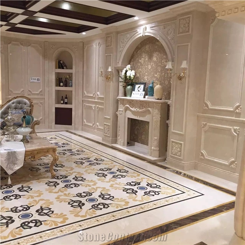 Dino Beige Cream Marble Mixed Light Emperador Marble Flower Carving Waterjet Medallions / Floor Carpet Medallions