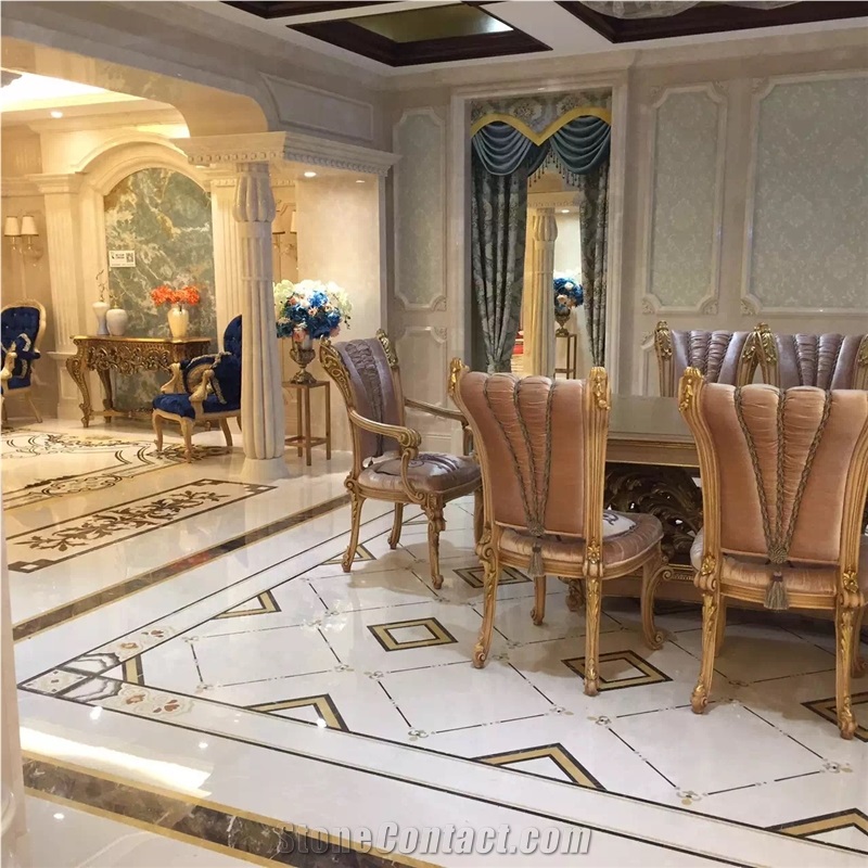 Sahara Beige Marble Mixed Portoro Gold Black Marble Waterjet Medallions / Floor Medallions Tile Pattern