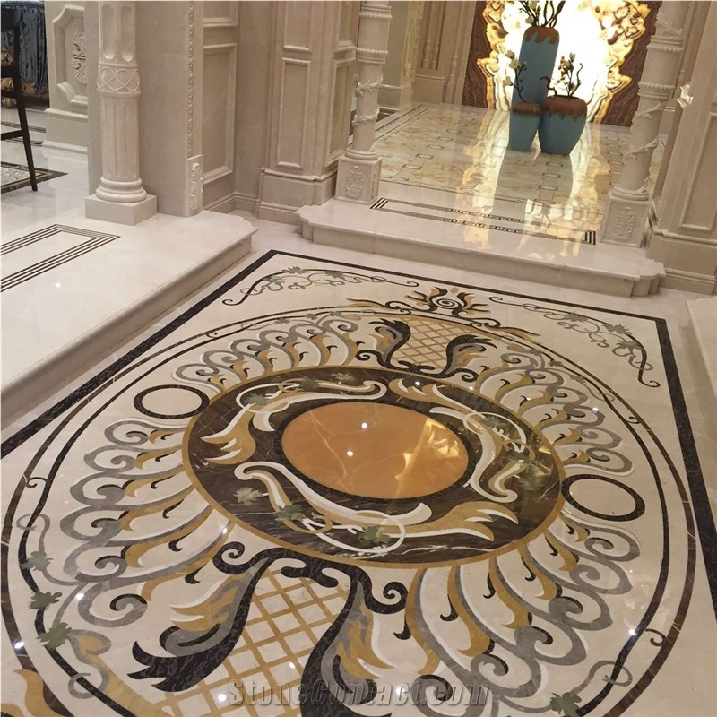 Sahara Beige Marble Mixed Portoro Gold Black Marble Waterjet Medallions / Floor Medallions Tile Pattern