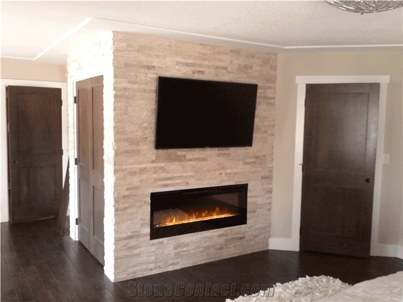 White Quartzite Nero Culture Stone Wall Cladding Panel Fireplace Surround Covering, Traditional Style Interior Stacked Veneer Stone Walling Gofar