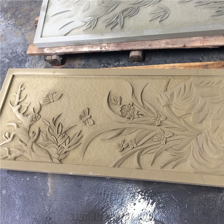 Beige Color Sandstone Relieve Sandstone Flower Carving for Walls