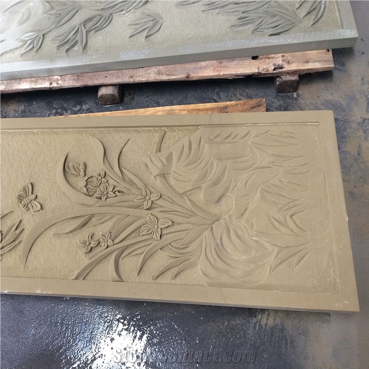 Beige Color Sandstone Relieve Sandstone Flower Carving for Walls