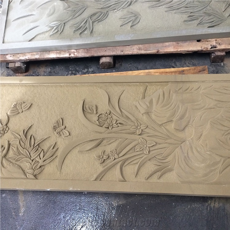 Beige Color Sandstone Relieve Sandstone Flower Carving for Walls