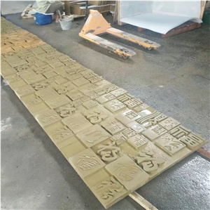 Beige Sandstone Relief Chinese Word Sculpture Handmade