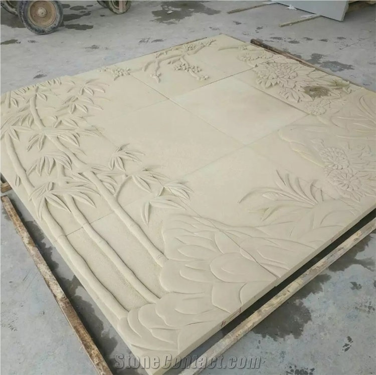 Chinese Beige Sandstone Relief Bamboo Carving Relief Handmade