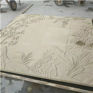 Chinese Beige Sandstone Relief Bamboo Carving Relief Handmade