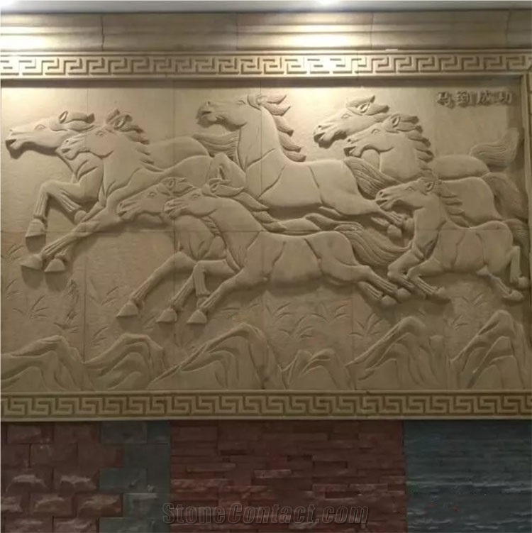 Natural Yellow Horse Sandstone Relief Handmade Sculpture