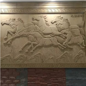 Natural Yellow Horse Sandstone Relief Handmade Sculpture