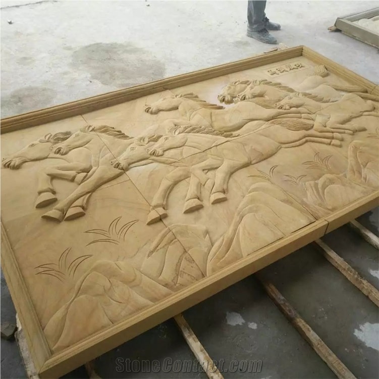 Natural Yellow Horse Sandstone Relief Handmade Sculpture
