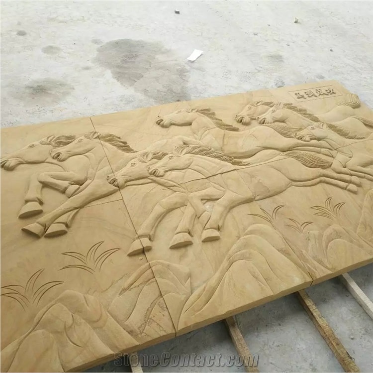 Natural Yellow Horse Sandstone Relief Handmade Sculpture