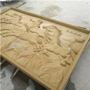 Natural Yellow Horse Sandstone Relief Handmade Sculpture