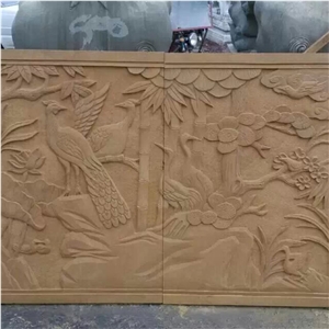 Natural Yellow Sandstone Relief Peacock Sculpture Handmade