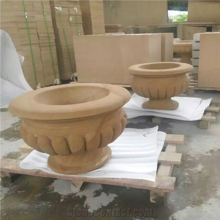 Yellow Flower Pot Sandstone Natural Handmade Sandstone Carving