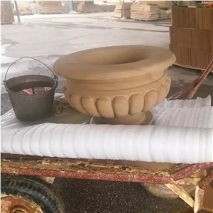 Yellow Flower Pot Sandstone Natural Handmade Sandstone Carving