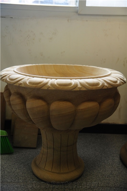 Yellow Flower Pot Sandstone Natural Handmade Sandstone Carving