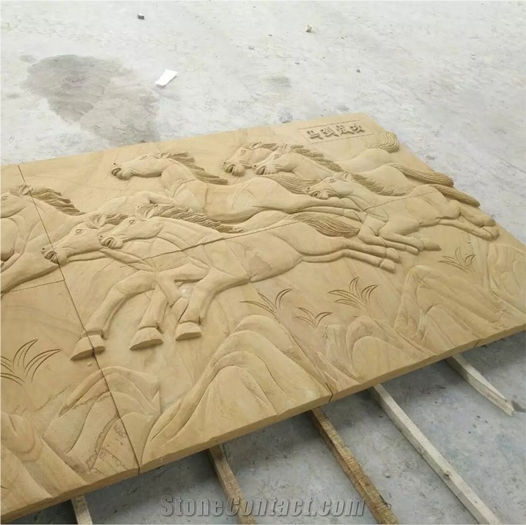 Yellow Sandstone Relief Horse Design Carving for Walls