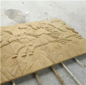 Yellow Sandstone Relief Horse Design Carving for Walls