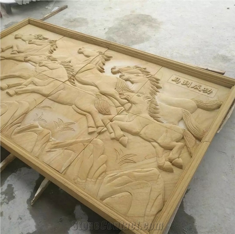 Yellow Sandstone Relief Horse Design Carving for Walls