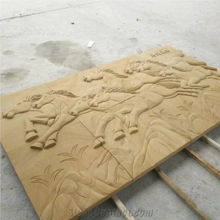 Yellow Sandstone Relief Horse Design Carving for Walls