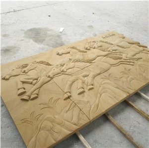 Yellow Sandstone Relief Horse Design Carving for Walls