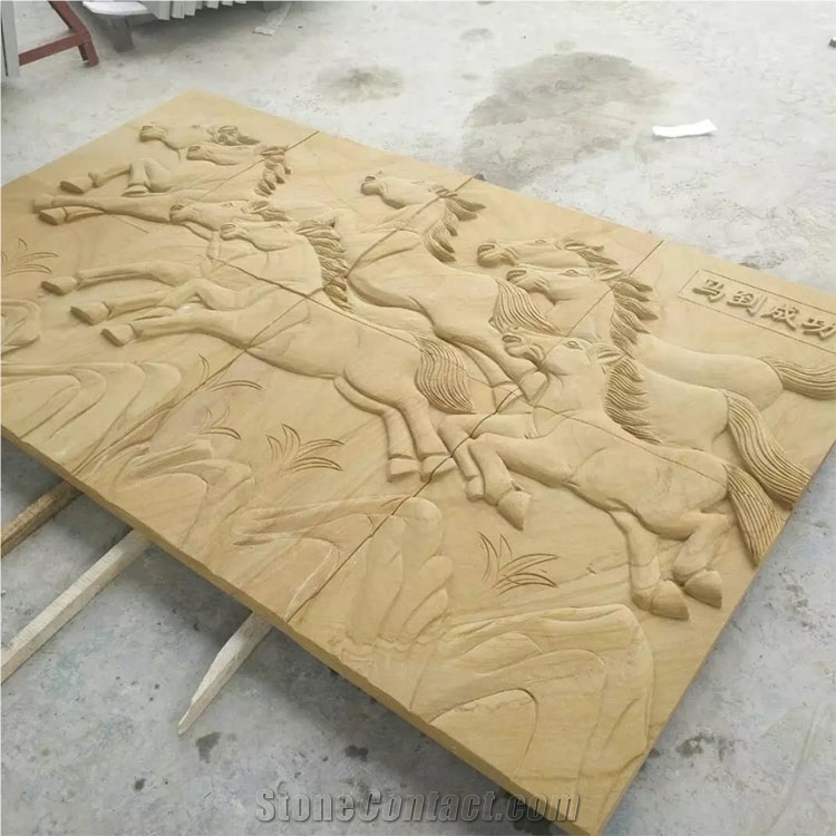 Yellow Sandstone Relief Horse Design Carving for Walls