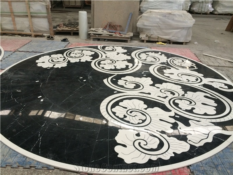 Balck Marquina with White Marble Round Carpet Waterjet Medallions, Mosaic Medallions