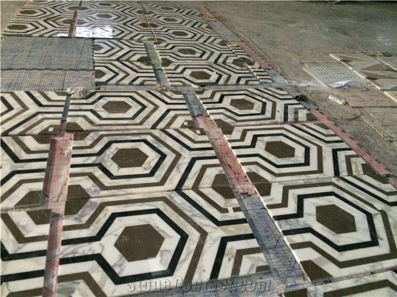 Balck Marquina with White Marble Round Carpet Waterjet Medallions, Mosaic Medallions