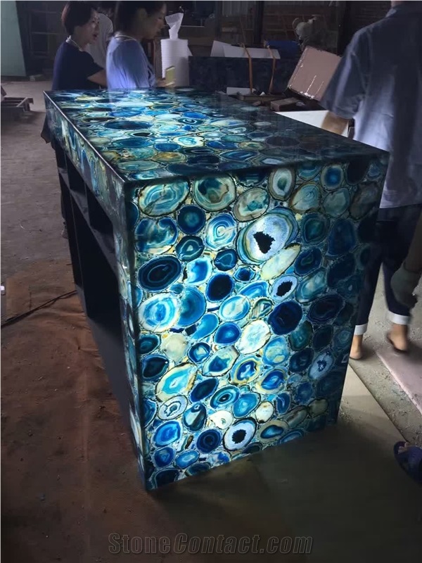 Translucent Blue Agate Countertop, Blue Gemstone Table Top Price, Blue Agate Tiles for Interior Design